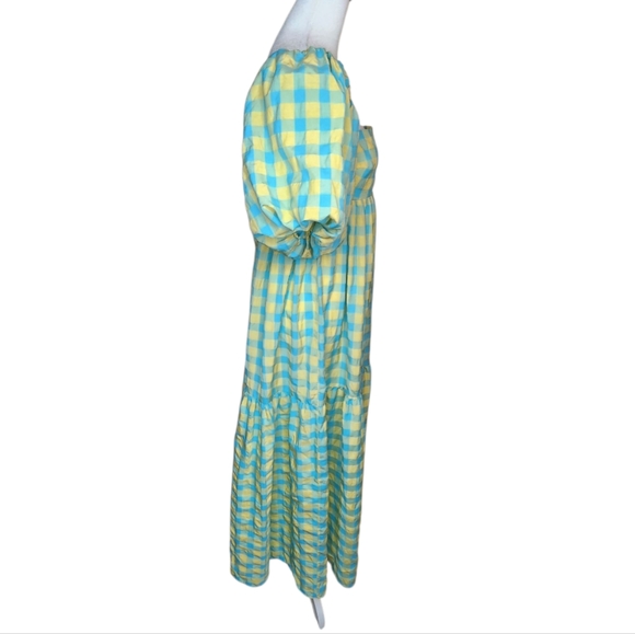 Zara Puff Sleeve Tie Back Midi Maxi Dress Blue and Yellow Checked Size Small - Picture 2 of 9